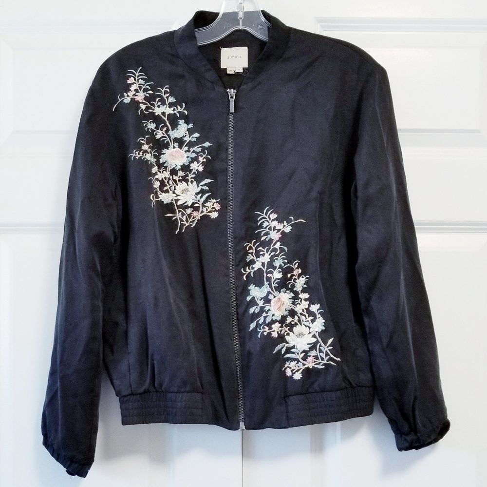 a. moss Floral Embroidered Black Bomber Jacket